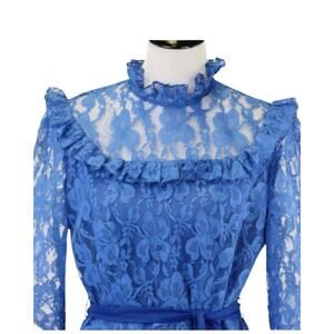 Vintage Cobalt Blue Lace Dress with Lace Ruffled Neckline/Cuffs Med/Large